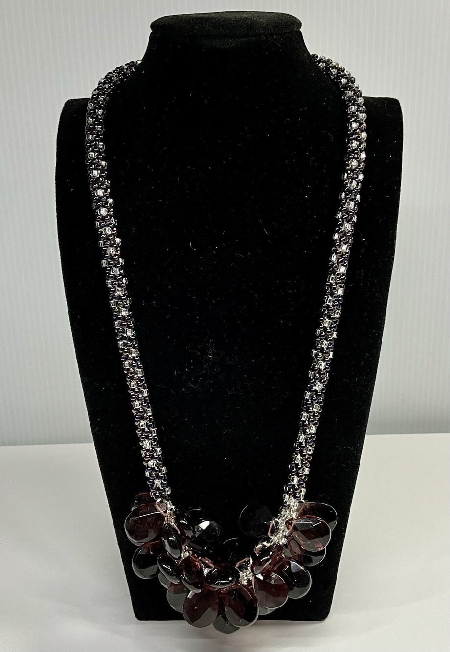 Vintage Deep Purple Multi Seed Bead With Faceted Tear Drop Beads Necklace-20”